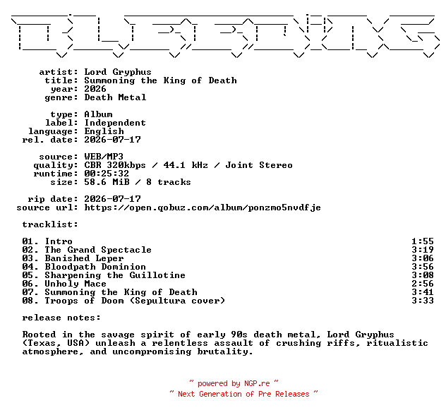 NFO for the release Lord_Gryphus-Summoning_the_King_of_Death-WEB-2026-BLEEDiNG by BLEEDiNG