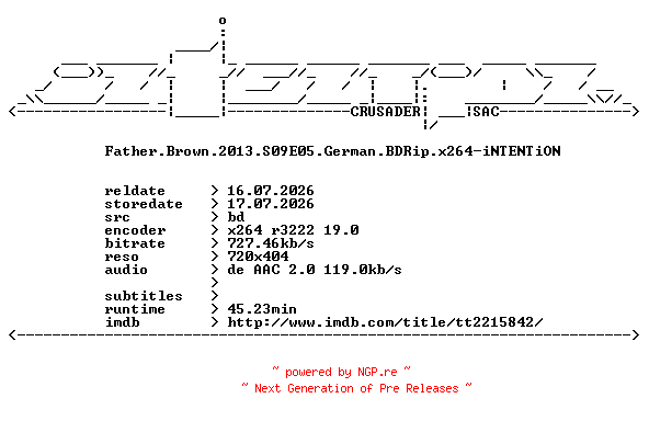 NFO for the release Father.Brown.2013.S09E05.German.BDRip.x264-iNTENTiON by iNTENTiON