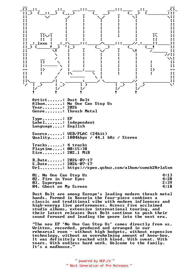 NFO for the release Dust_Bolt-No_One_Can_Stop_Us-EP-24BIT-WEB-FLAC-2026-MOONBLOOD by MOONBLOOD