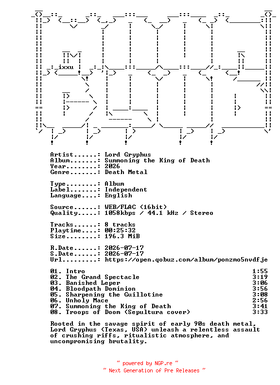 NFO for the release Lord_Gryphus-Summoning_the_King_of_Death-16BIT-WEB-FLAC-2026-MOONBLOOD by MOONBLOOD