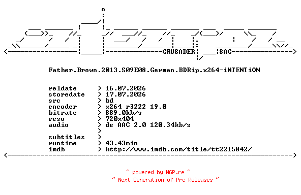 NFO for the release Father.Brown.2013.S09E08.German.BDRip.x264-iNTENTiON by iNTENTiON