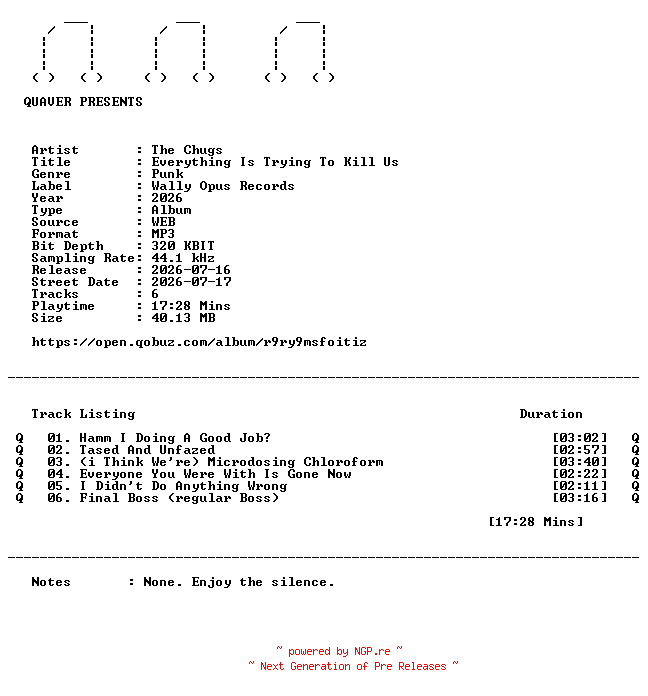 NFO for the release The_Chugs-Everything_Is_Trying_To_Kill_Us-EP-WEB-2026-QUAVER by QUAVER