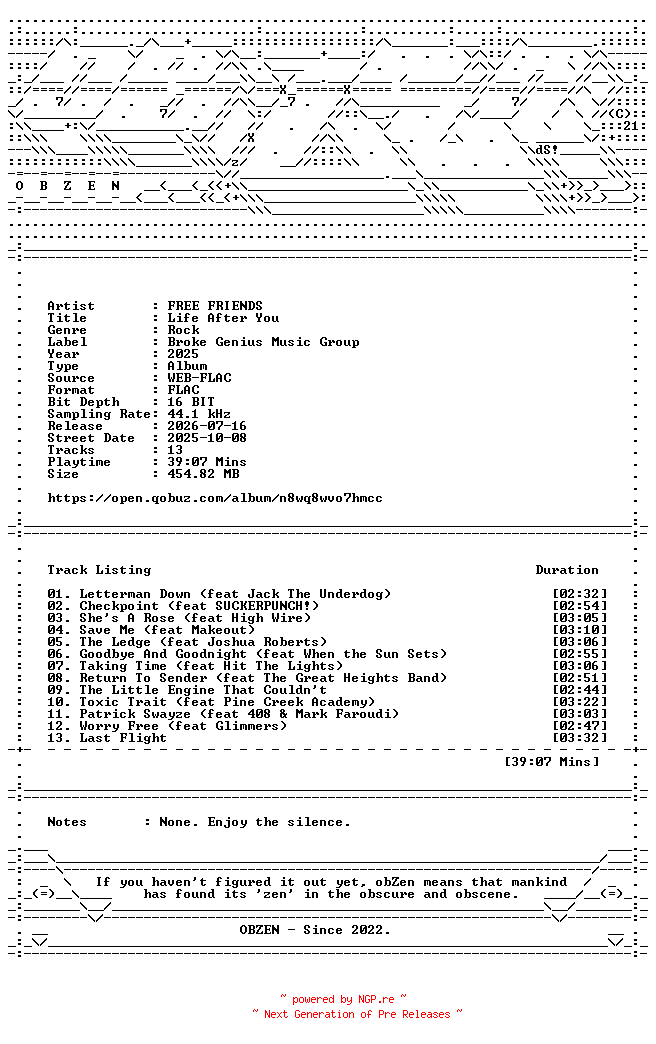 NFO for the release FREE_FRIENDS-Life_After_You-24BIT-48KHZ-WEB-FLAC-2025-OBZEN by OBZEN