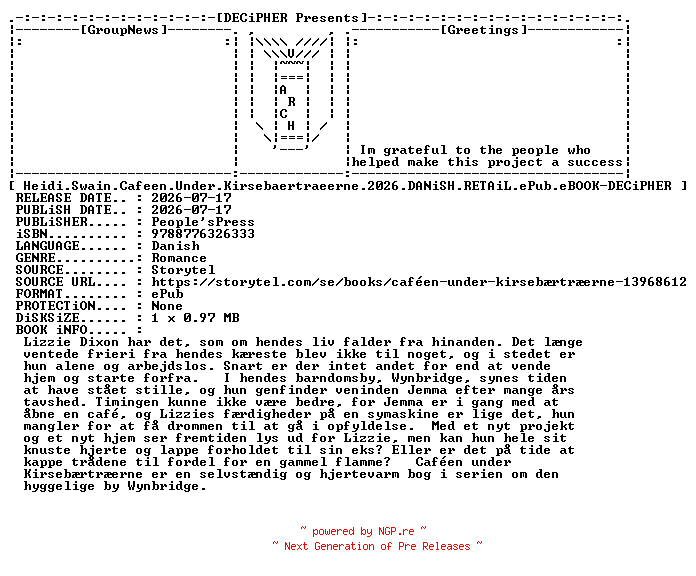 NFO for the release Heidi.Swain.Cafeen.Under.Kirsebaertraeerne.2026.DANiSH.RETAiL.ePub.eBOOK-DECiPHER by DECiPHER