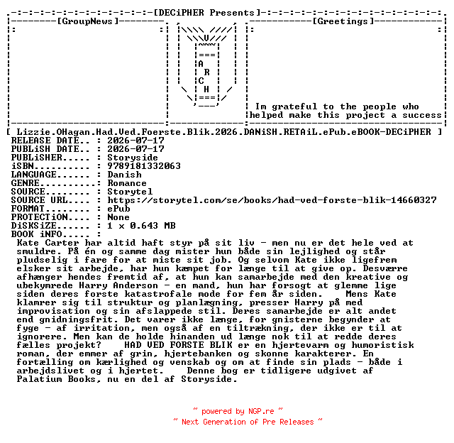 NFO for the release Lizzie.OHagan.Had.Ved.Foerste.Blik.2026.DANiSH.RETAiL.ePub.eBOOK-DECiPHER by DECiPHER