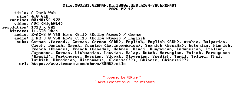 NFO for the release Silo.S03E03.GERMAN.DL.1080p.WEB.h264-SAUERKRAUT by SAUERKRAUT