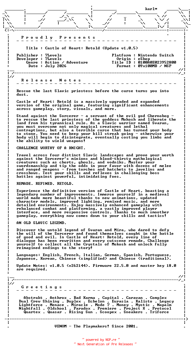 NFO for the release Castle_of_Heart_Retold_Update_v1.0.5_NSW-VENOM by VENOM