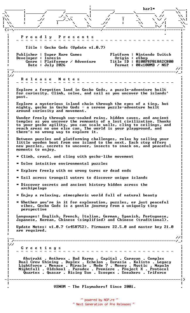 NFO for the release Gecko_Gods_Update_v1.0.7_NSW-VENOM by VENOM
