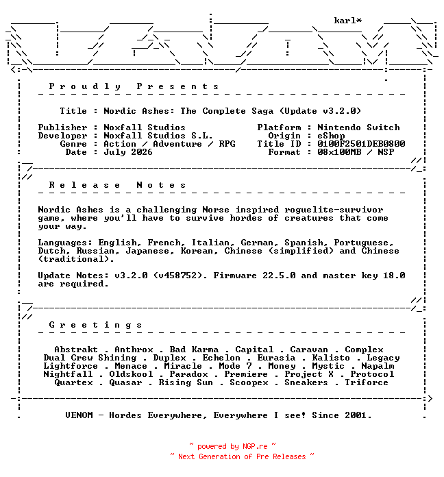 NFO for the release Nordic_Ashes_The_Complete_Saga_Update_v3.2.0_NSW-VENOM by VENOM