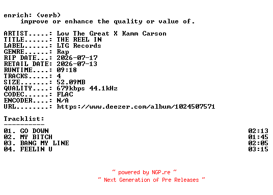 NFO for the release Low_The_Great_X_Kamm_Carson-THE_REEL_IN-EP-16BIT-WEB-FLAC-2026-ENRiCH by ENRiCH