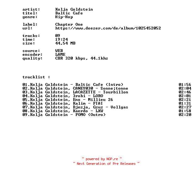 NFO for the release Kolja_Goldstein_-_Baltic_Cafe-EP-WEB-DE-2026-BITCOINS by BITCOINS