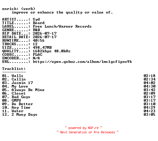 NFO for the release Syd-Beard-24BIT-WEB-FLAC-2026-ENRiCH by ENRiCH