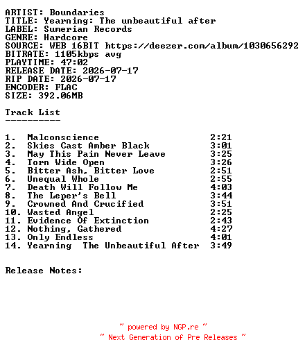 NFO for the release Boundaries-Yearning_The_Unbeautiful_After-16BIT-WEB-FLAC-2026-SDR by SDR