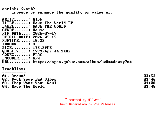 NFO for the release Alok-Rave_The_World_EP-24BIT-WEB-FLAC-2026-ENRiCH by ENRiCH