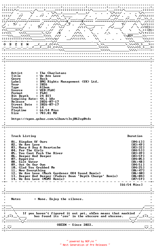 NFO for the release The_Charlatans-We_Are_Love-DELUXE_EDITION-24BIT-44KHZ-WEB-FLAC-2026-OBZEN by OBZEN