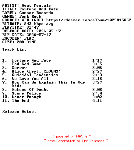 NFO for the release Neat_Mentals-Fortune_And_Fate-16BIT-WEB-FLAC-2026-SDR by SDR