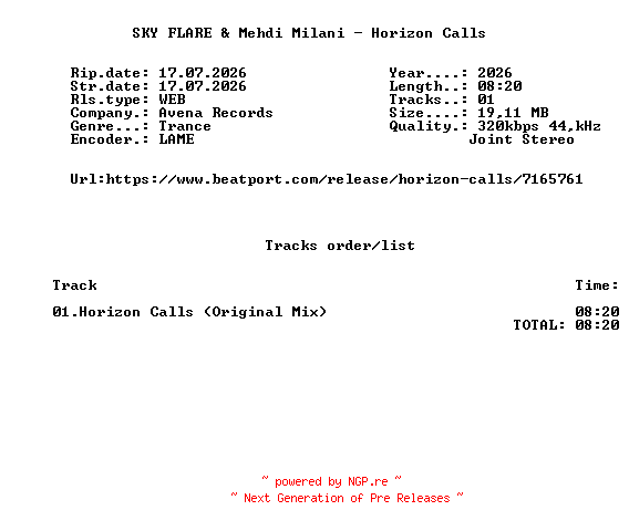 NFO for the release SKY_FLARE_And_Mehdi_Milani_-_Horizon_Calls-(AVENA116)-SINGLE-WEB-2026-FMC by FMC