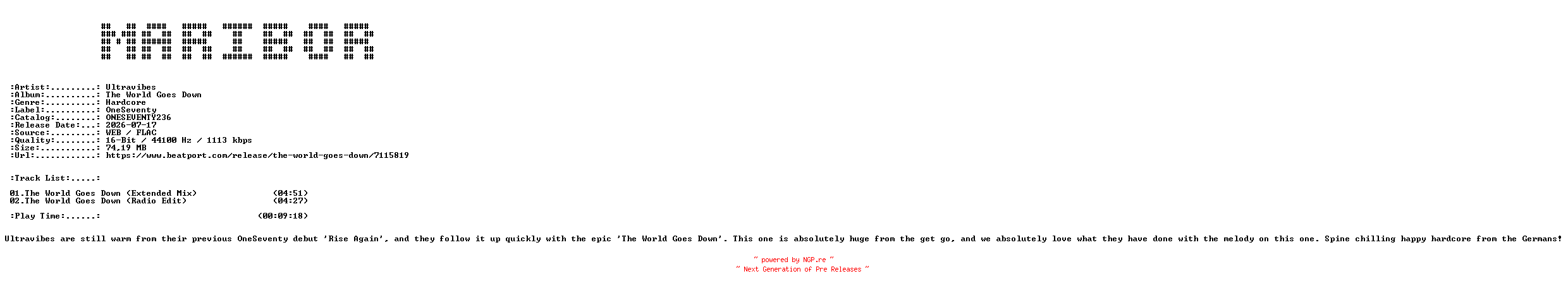 NFO for the release Ultravibes-The_World_Goes_Down-(ONESEVENTY236)-16BIT-WEB-FLAC-2026-MARiBOR by MARiBOR