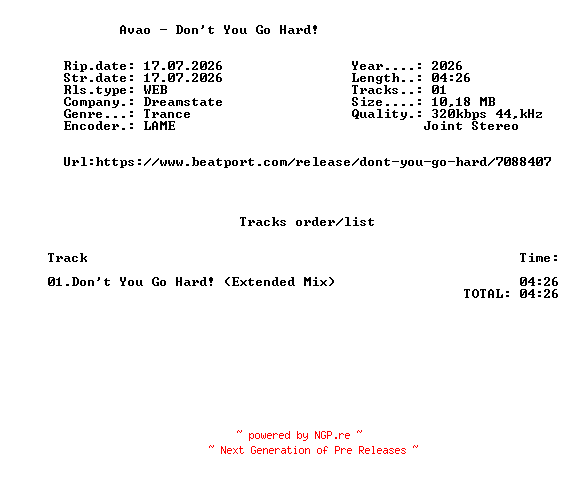 NFO for the release Avao_-_Dont_You_Go_Hard-(DREAMSTATE141B)-SINGLE-WEB-2026-FMC by FMC