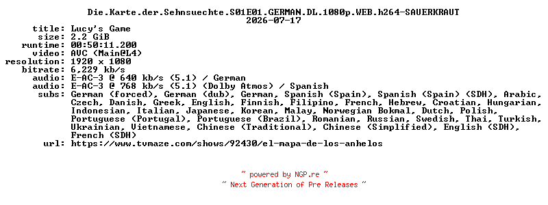 NFO for the release Die.Karte.der.Sehnsuechte.S01E01.GERMAN.DL.1080p.WEB.h264-SAUERKRAUT by SAUERKRAUT