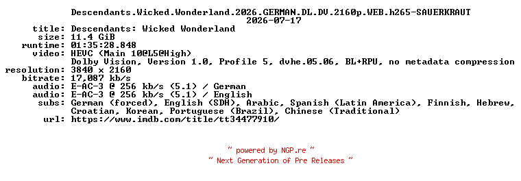 NFO for the release Descendants.Wicked.Wonderland.2026.GERMAN.DL.DV.2160p.WEB.h265-SAUERKRAUT by SAUERKRAUT