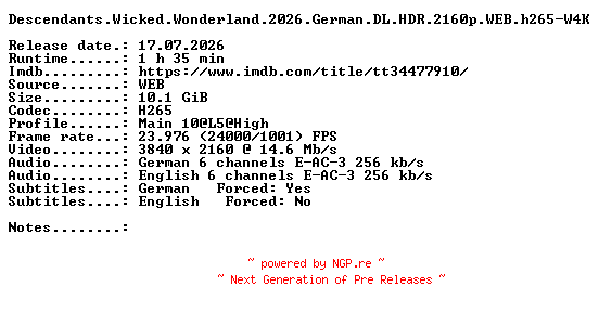 NFO for the release Descendants.Wicked.Wonderland.2026.German.DL.HDR.2160p.WEB.h265-W4K by W4K