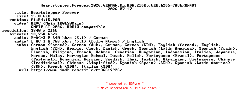 NFO for the release Heartstopper.Forever.2026.GERMAN.DL.HDR.2160p.WEB.h265-SAUERKRAUT by SAUERKRAUT