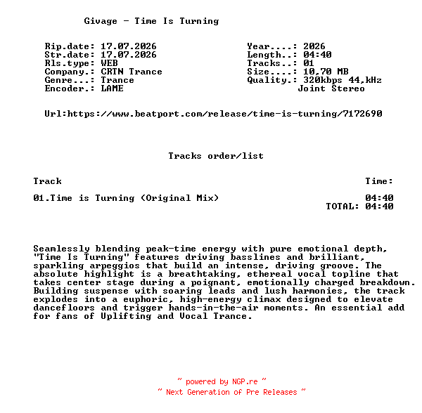 NFO for the release Givage_-_Time_is_Turning-(CRTNTR191)-SINGLE-WEB-2026-FMC by FMC
