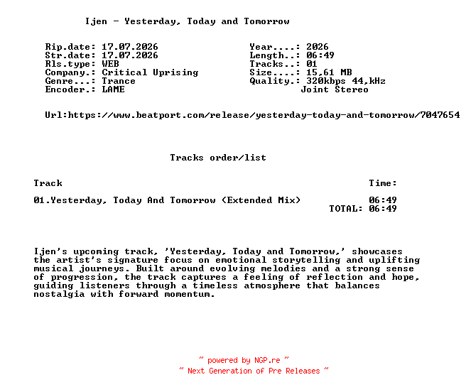 NFO for the release Ijen_-_Yesterday_Today_And_Tomorrow-(CSR777)-SINGLE-WEB-2026-FMC by FMC