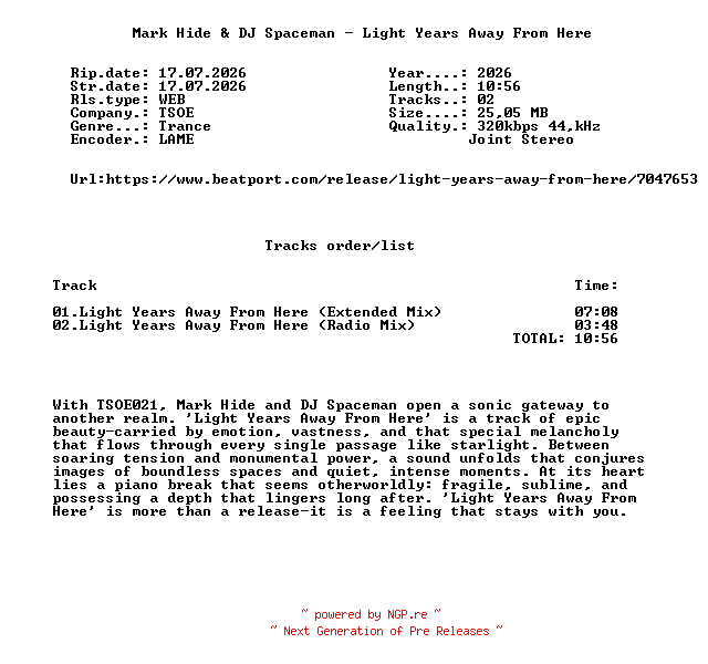 NFO for the release Mark_Hide_And_DJ_Spaceman_-_Light_Years_Away_From_Here-(TSOE021)-WEB-2026-FMC by FMC
