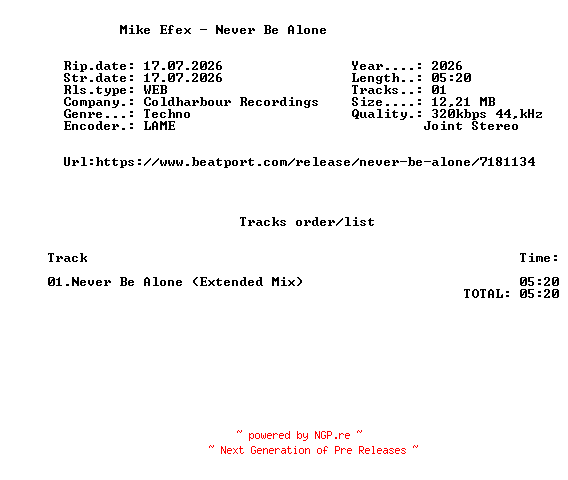 NFO for the release Mike_Efex_-_Never_Be_Alone-(CLHR679)-SINGLE-WEB-2026-FMC by FMC