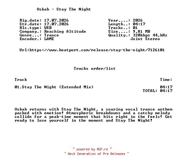 NFO for the release Oskah_-_Stay_The_Night-(RA420)-SINGLE-WEB-2026-FMC by FMC