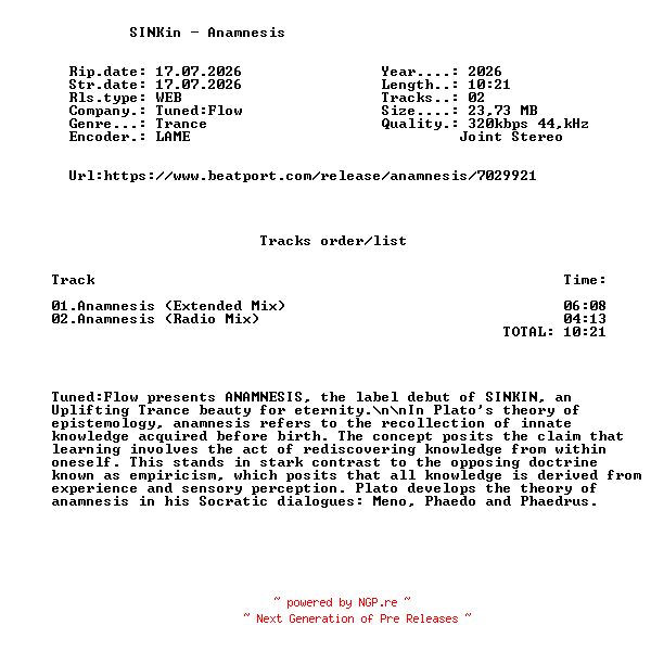 NFO for the release SINKin_-_Anamnesis-(TF117X)-WEB-2026-FMC by FMC