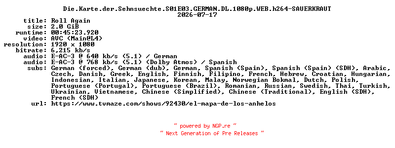 NFO for the release Die.Karte.der.Sehnsuechte.S01E03.GERMAN.DL.1080p.WEB.h264-SAUERKRAUT by SAUERKRAUT