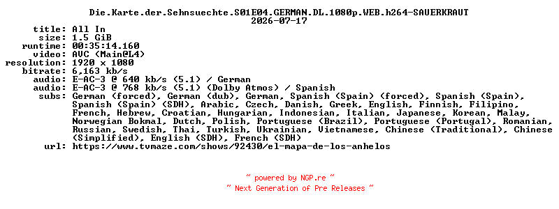 NFO for the release Die.Karte.der.Sehnsuechte.S01E04.GERMAN.DL.1080p.WEB.h264-SAUERKRAUT by SAUERKRAUT