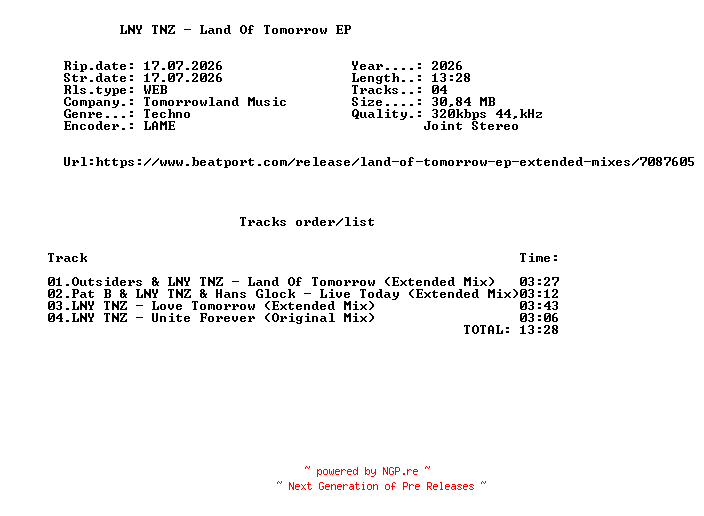 NFO for the release LNY_TNZ_-_Land_Of_Tomorrow_EP-(TML330)-WEB-2026-FMC by FMC