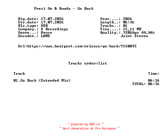 NFO for the release Presi_On_And_Kuuda_-_Go_Back-(XREC014)-SINGLE-WEB-2026-FMC by FMC