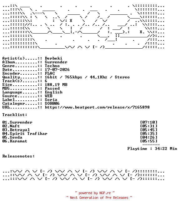 NFO for the release Derbeki-Surrender-SOR006-16BIT-WEB-FLAC-2026-WAVED by WAVED