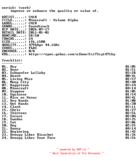 NFO for the release C418-Minecraft__Volume_Alpha-OST-16BIT-WEB-FLAC-2011-ENRiCH by ENRiCH