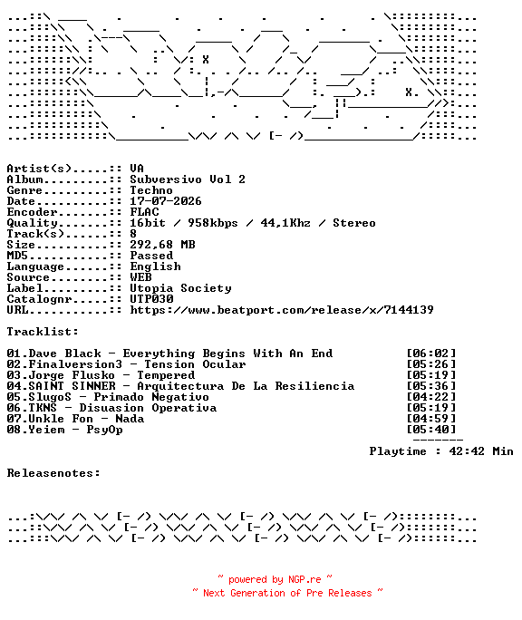 NFO for the release VA-Subversivo_Vol_2-UTP030-16BIT-WEB-FLAC-2026-WAVED by WAVED