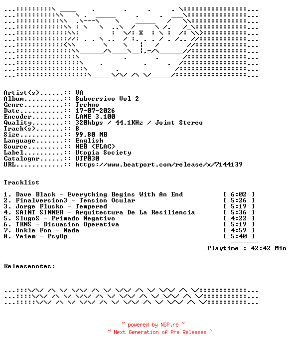 NFO for the release VA-Subversivo_Vol_2-UTP030-WEB-2026-WAV by WAV