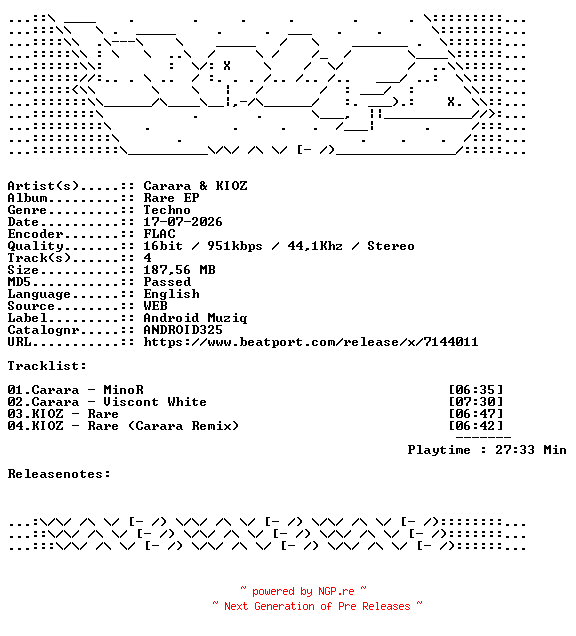 NFO for the release Carara_And_KIOZ-Rare_EP-ANDROID325-16BIT-WEB-FLAC-2026-WAVED by WAVED