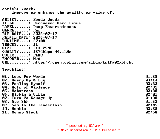 NFO for the release Beeda_Weeda-Recovered_Hard_Drive-24BIT-WEB-FLAC-2026-ENRiCH by ENRiCH