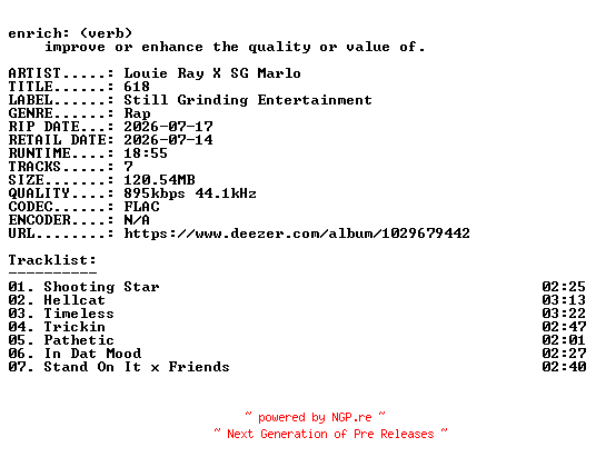 NFO for the release Louie_Ray_X_SG_Marlo-618-EP-16BIT-WEB-FLAC-2026-ENRiCH by ENRiCH