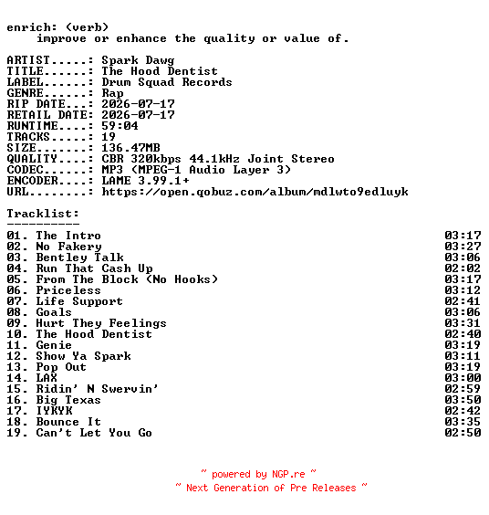 NFO for the release Spark_Dawg-The_Hood_Dentist-WEB-2026-ENRiCH by ENRiCH