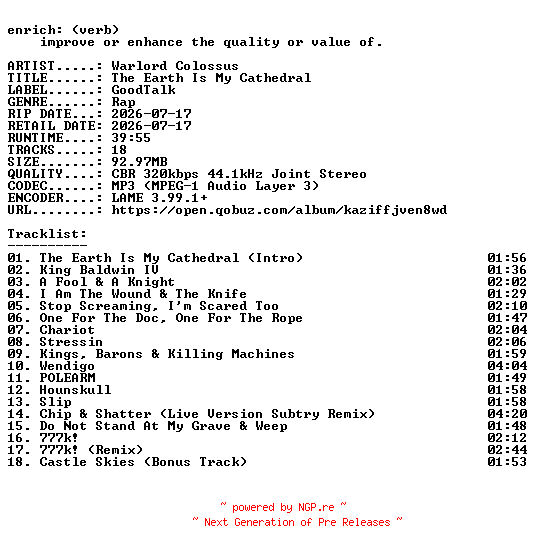 NFO for the release Warlord_Colossus-The_Earth_Is_My_Cathedral-WEB-2026-ENRiCH by ENRiCH