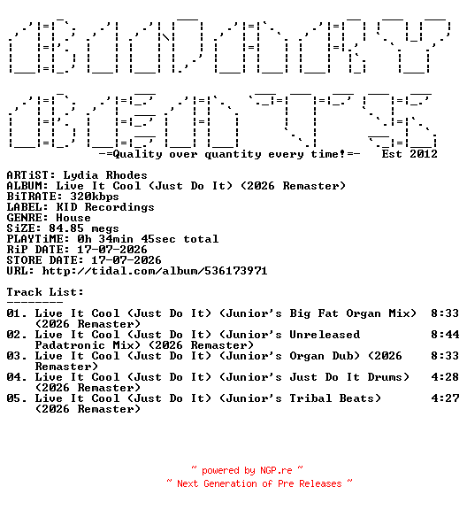 NFO for the release Lydia_Rhodes-Live_It_Cool_(Just_Do_It)_(2026_Remaster)-(KIDDEP10150)-WEB-2026-BB by BB