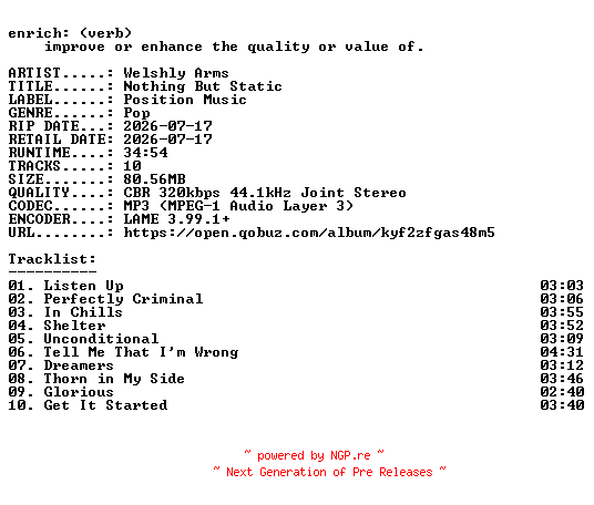 NFO for the release Welshly_Arms-Nothing_But_Static-WEB-2026-ENRiCH by ENRiCH