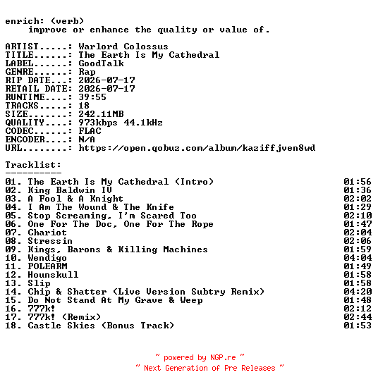 NFO for the release Warlord_Colossus-The_Earth_Is_My_Cathedral-16BIT-WEB-FLAC-2026-ENRiCH by ENRiCH