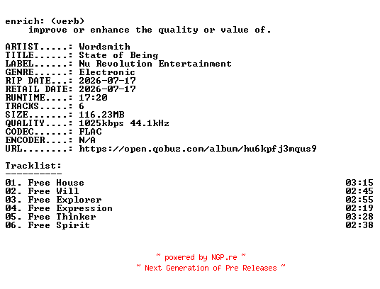NFO for the release Wordsmith-State_of_Being-EP-16BIT-WEB-FLAC-2026-ENRiCH by ENRiCH